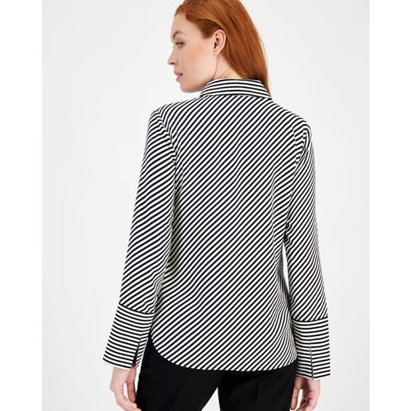 ANNE KLEIN TOP WOMENS XLARGE PRINTED SLIT-CUFF BUTTON-UP BLOUSE BLACK WHITE NEW - Picture 2 of 14